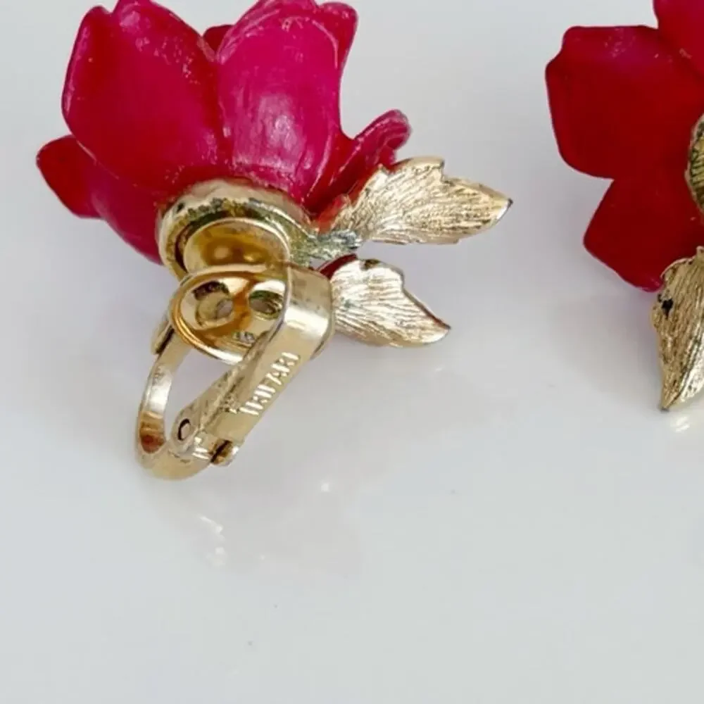 Vintage Trifari Rose Clip On Earrings Red